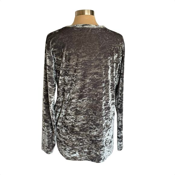 Hummingbird Crushed Velvet Long Sleeve Top Gray-Green Knotted Front Hem LARGE - Picture 4 of 6